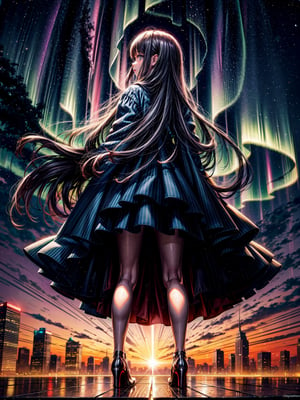 Aurora in the night sky of the big city, transparent aurora shining like glass, fantastically beautiful, beautiful girl looking up at the aurora, long black hair, high school girl, full body, back view, (girl draws beautifully in detail), surprised Expressions, street corners, many people watching the aurora, ((masterpiece)), ((highest quality 16k)), ((detailed and detailed)), ((high resolution)),