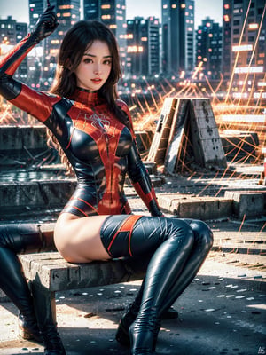 wearing spiderwoman_cosplay_outfit,son goku
((masterpiece)), ((best quality 8k)), ((detailed and detailed)), ((photorealistic)), ((hi-res)), ((sharp image)), park,
A very pretty girl sitting on a swing, (draw the girl's features beautifully and in detail), smiling,Ass closeup