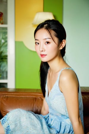 in the living room at her appartment, chinese lady, summer time, high quality,eyes shoot