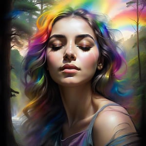 surrealistic artwork featuring a serene woman's face with closed eyes, seamlessly blended in to a lush forest landscape, VIVID, RAINBOW COLORED SPIRALS ADORN her face, a radiant, fan like spread of color  forms backdrop, revealing structures and CASCADING WATERFALL, SET AGAINST a vibrant sky transitioning from sunrise to night, the entire scene is framed by over hanging branches, 3D, hyper realistic and sharp, heavily detailed.
,charcoal \(medium\)