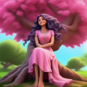 Indian girl with long hair, weird tree, dress, solo, dreaming pose, outdoor, leaf, nature, smile, colorful hair, short sleeves, pink dress, wavy hair, hygging the tree, 3D, hyper sharp