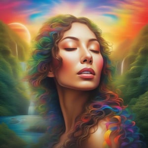 surrealistic artwork featuring a serene woman's face with closed eyes, seamlessly blended in to a lush forest landscape, VIVID, RAINBOW COLORED SPIRALS ADORN her face, a radiant, fan like spread of color  forms backdrop, revealing structures and CASCADING WATERFALL, SET AGAINST a vibrant sky transitioning from sunrise to night,the entire scene is framed by over hanging branches, 3D, hyper realistic and sharp, heavily detailed.
