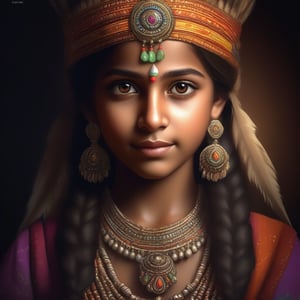 A beautiful  highly detailedIndian girl portrait with light brown eyes, wearing anornate headdress with jewels n beads, a colorful traditional outfit, The girl has a serene expression on her face. The artwork is in the style of a 3D render with a focus on realism n intricate details. The  background is a dark gradient with a slight blur tp focus the attention on the girl face, 3D, 16K, hyper realistic and sharp eyes, oval face