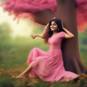 Indian girl with long hair, weird tree, dress, solo, dreaming pose, outdoor, leaf, nature, smile, colorful hair, short sleeves, pink dress, wavy hair, hygging the tree