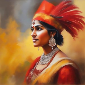 A Indian woman wearing a red hat with a feather and a dress with blacklace and beads, she is looking to theleft, the background is a bright yellow orange. The painting is in the style impressionist