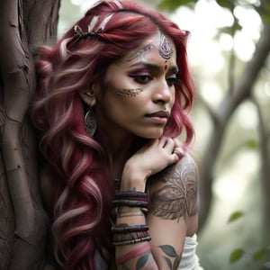 A fantasy scene depicting a beautiful Indian tribal woman with long,  a tranquil smooth red and white hair, pointed ears, intricate tattoo like patterns on her arms she is embracing a large, textured tree with tree, twisted branches, adorned with pink foliage, the eyes are sharp looking in the camera, giving tranquil n ethereal vibe to the image, the background features a mystical forest with soft lighting  embracing atmosphere.