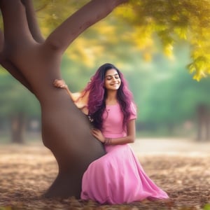 Indian girl with long hair, weird tree, dress, solo, dreaming pose, outdoor, leaf, nature, smile, colorful hair, short sleeves, pink dress, wavy hair, hygging the tree