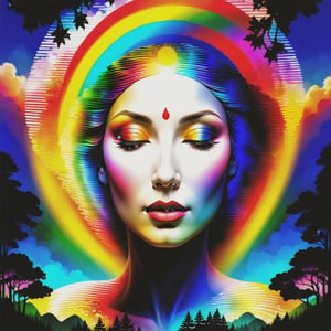 surrealistic artwork featuring a serene woman's face with closed eyes, seamlessly blended in to a lush forest landscape, VIVID, RAINBOW COLORED SPIRALS ADORN her face, a radiant, fan like spread of color  forms backdrop, revealing structures and CASCADING WATERFALL, SET AGAINST a vibrant sky transitioning from sunrise to night, the entire scene is framed by over hanging branches, 3D, hyper realistic and sharp, heavily detailed.
