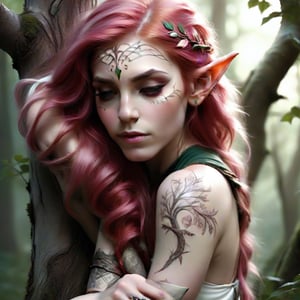 A fantasy scene depicting a beautiful elf with long,  a tranquil smooth red and white hair, pointed ears, intricate tattoo like patterns on her arms she is embracing a large, textured tree with tree, twisted branches, adorned with pink foliage-, the elf's eyes are closed, giving tranquil n ethereal vibe to the image, the background features a mystical forest with soft lighting  embracing atmosphere.