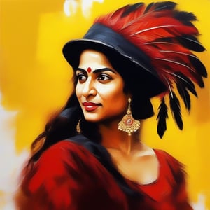 A Indian woman wearing a red hat with a feather and a dress with blacklace and beads, she is looking to theleft, the background is a bright yellow orange. The painting is in the style impressionist brush strokes