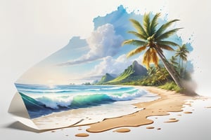 beach scene, vanishing point on white paper, utra realistic photograph portraying a subtle pacific island image, realistic details, watercolor splash art incorporated as complimentary elements, poster, 3d render, photo,tshirt design