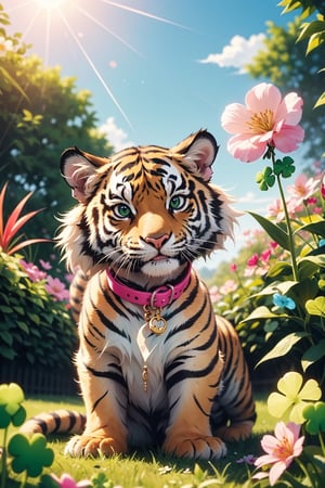 (A cute tiger) playing with a ball in a garden, surrounded by flowers. The kitten has a mischievous grin on its face and is wearing a small, colorful collar. The sun is shining brightly in the background. In the foreground, a (four-leaf clover) is visible, poking out from behind a bright pink flower.