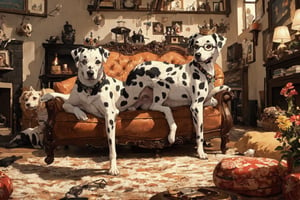 a dalmatian wearing crown, a hat, a pet seat cushion, pet toys, Glasses, living room(best quality,masterpiece,EpicArt,xjrex,(best quality,insertNameHere, masterpiece)