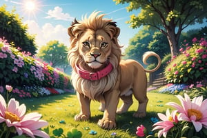 (A cute lion) playing with a ball in a garden, surrounded by flowers. The kitten has a mischievous grin on its face and is wearing a small, colorful collar. The sun is shining brightly in the background. In the foreground, a (four-leaf clover) is visible, poking out from behind a bright pink flower.