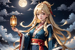 4K, ultra detailed, 1 blonde girl with long hair wearing a traditional Asian dress holding a lantern, large breasts and detail eyes looking at viewers, more detail XL, SFW,  nighttime, moonlight, ,winterhanfu,mythical clouds