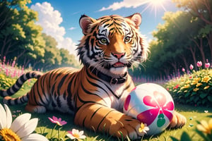 (A cute tiger) playing with a ball in a garden, surrounded by flowers. The kitten has a mischievous grin on its face and is wearing a small, colorful collar. The sun is shining brightly in the background. In the foreground, a (four-leaf clover) is visible, poking out from behind a bright pink flower.