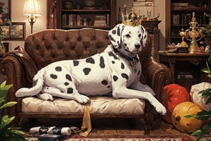 a dalmatian wearing crown, a trophy, a pet seat cushion, pet toys, Glasses, living room(best quality,masterpiece,EpicArt,xjrex,(best quality,insertNameHere, masterpiece)
