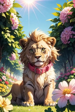 (A cute lion) playing with a ball in a garden, surrounded by flowers. The kitten has a mischievous grin on its face and is wearing a small, colorful collar. The sun is shining brightly in the background. In the foreground, a (four-leaf clover) is visible, poking out from behind a bright pink flower.