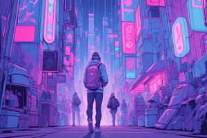 Dreampolis, hyper-detailed digital illustration, cyberpunk, single boy with techsuite hoodie and headphones in the street, neon lights, lighting bar, city, cyberpunk city, film still, backpack, in megapolis, pro-lighting, high-res, masterpiece