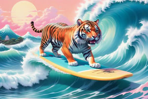 Pastel color palette, in dreamy soft pastel hues, pastelcore, pop surrealism poster illustration ||  A Majestic and trained tiger surfing on a surfboard on The Great Wave off Kanagawa While  || bright hazy pastel colors, whimsical, impossible dream, pastelpunk aesthetic fantasycore art, beautiful soft pastel colors
