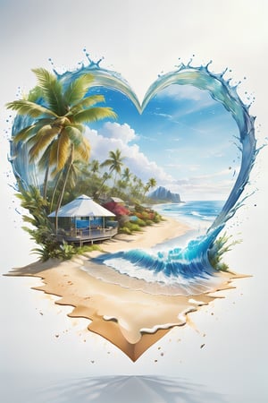 beach scene inside a heart, vanishing point on white paper, utra realistic photograph portraying a subtle pacific island image, realistic details, watercolor splash art incorporated as complimentary elements, poster, 3d render, photo,tshirt design