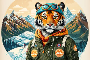 Ilustration,carton pollar tiger head, with ski goggles in which mountains are reflected,wearing a mountain jacket, withoud tiger eye,Mario Real - SDXL 1.0,more detail XL
