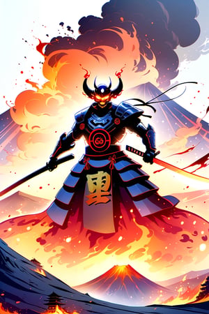 DonMW15pXL,cyborg style, Japanese style, samurai with a flaming sword, demonic mask, an erupting volcano in the background, masterpiece, wallpaper, Japanese letters,