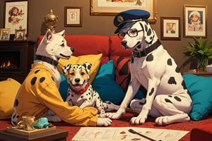 a dalmatian wearing cap, a trophy, a pet seat cushion, pet toys, Glasses, living room(best quality,masterpiece,EpicArt,xjrex,(best quality,insertNameHere, masterpiece)