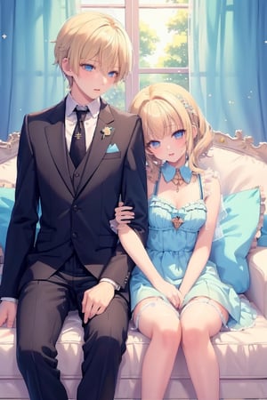 ((Masterpiece, highest quality)), 1 teenage boy and 1 teenage girl sitting together. Girl has blonde hair, blue eyes, see-through, lingerie with dress. ((Boy wear suit)), kawaiitech, perfect legs, better hands, (hug), pastelbg, sleeping on person