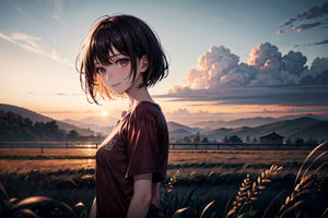 1girl, solo, dynamic posing, looking at viewer, pale skin, bob cut, black hair, bangs, brown eyes, closed mouth, smile, red shirt, short sleeves, floral print, life-size-body, night sky, sunset, grass, scenery, illustration, masterpiece, best quality, absurdres, highres, soothing tones, intricate details, low contrast, soft cinematic light, dim colors, exposure blend, hdr, faded, slate gray atmosphere