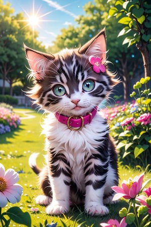 (A cute kitten) playing with a ball in a garden, surrounded by flowers. The kitten has a mischievous grin on its face and is wearing a small, colorful collar. The sun is shining brightly in the background. In the foreground, a (four-leaf clover) is visible, poking out from behind a bright pink flower.