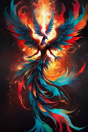 With luminous virtual flames flickering in a kaleidoscope of colors, the dazzling virtual phoenix rises from the digital ashes, symbolizing rebirth and transformation in a futuristic anime world. This stunning image is a digital painting, rendered with exquisite attention to detail and vibrant hues that seem to jump off the screen. The phoenix's feathers shimmer with iridescent shades of gold, crimson, and emerald, each intricately layered to create a sense of depth and movement. Its eyes glow with an otherworldly intensity, captivating viewers and drawing them into the mythical realm of this magnificent creature. The overall effect is breathtaking and immersive, conveying a sense of awe and wonder that reflects the phoenix's transcendent nature.
