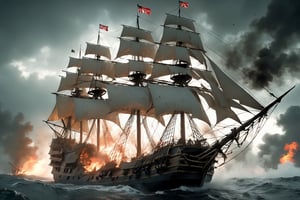 In the midst of a timeless battle at sea, two pirate galleons exchange fiery barrages, engulfed in smoke and the thunderous roar of cannons. The focus of the scene is on a majestic, weathered pirate ship, its sails torn and tattered from countless skirmishes. The image, likely a vividly painted depiction, captures the intensity of the naval conflict with intricate detail and rich, vibrant colors. Every element, from the billowing smoke to the glint of steel, conveys a sense of thrilling action and daring adventure. This stunning portrayal masterfully blends the chaos of combat with the romanticized allure of piracy, immersing viewers in a thrilling maritime drama.
