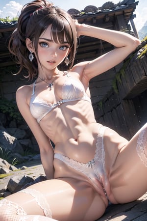 nsfw, nude, 21yo naked girl, professional photo, masterpiece, photorealistic, hyper-detailed, realistic, ultra-high resolution, correct anatomy, highest quality 

Everyone is fascinated. You are the perfect and ultimate idol. If you don’t appear in the golden ring, everyone will be fascinated by him. The 20-year-old very cute female idol. Facing the camera, erotic passionate expression, looking into the camera, garter belt, gorgeous earrings and necklace, light brown hair tied into a ponytail, beautiful brown eyes, perfect body, perfect body lines, slim figure, small beautiful pointed breasts, beautiful breast bulges, RAW shots, realistic textures, portrait photos, overall cohesive photos, skin realistic textures, high quality, high details , Highest Quality, High Resolution, 8K, Photorealistic, Ray Traced, f/4.0, Canon, Full Body, (background winter in the mountains, ((white peignoir on the naked body, lace, lace white fishnet stockings, costs, white high-calf boots with kabuk and high soles)), without clothes, ((naked)),1 girl, ,masterpiece,Colorful portraits 

((slim, teen, young, skinny, fit, abs, muscle, perky small breasts, tall, long features, pussy, vagina, thigh gap, crotch gap, narrow hips, thin legs, small ass)), ((perfect pussy in view lighting)),