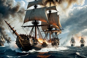In the midst of a timeless battle at sea, two pirate galleons exchange fiery barrages, engulfed in smoke and the thunderous roar of cannons. The focus of the scene is on a majestic, weathered pirate ship, its sails torn and tattered from countless skirmishes. The image, likely a vividly painted depiction, captures the intensity of the naval conflict with intricate detail and rich, vibrant colors. Every element, from the billowing smoke to the glint of steel, conveys a sense of thrilling action and daring adventure. This stunning portrayal masterfully blends the chaos of combat with the romanticized allure of piracy, immersing viewers in a thrilling maritime drama.