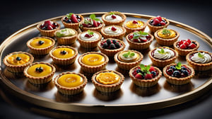 Create a stunning 8K ultra-realistic food photograph featuring selection of small tarts, beautifully decorated with intricate details. The composition should reflect Michelin-star presentation, with a focus on exquisite plating and attention to detail reminiscent of Todd Porter´s and Diane Cu´s signature style. Capture the essence of culinary artistry
