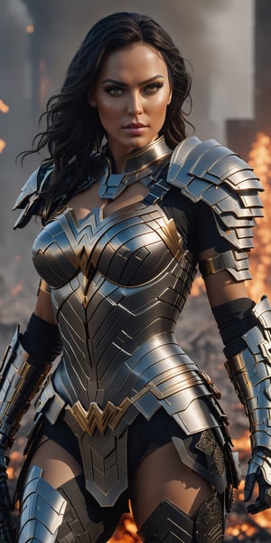 3d render of a highly detailed beautiful sexy [Wonderwoman|Cyborg] wearing cybernetics and intricate detail armor with armored plates, armored gauntlets, gloves and boots, standing on a ruined battlefield in smouldering firey destruction , hdr, 8k, subsurface scattering, specular light, highres, octane render, ray traced