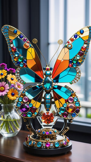macro photography of a colorful crystalline metal biomechanoid robot butterfly made out of Jewels and precious Stones sitting on a circuit patterned flower arrangement in a glass vase, cyberpunk style,32K, hipperealistic,BugCraft,more detail XL