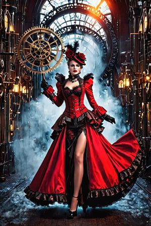A captivating steampunk-inspired scene, set in a futuristic world brimming with intricate gears and mechanisms. The stunning female subject, dressed in a striking ensemble of red accents, shimmers with the allure of glitter. Her clothing and accessories are adorned with detailed gears and cogs, while wisps of steam subtly escape around her. The atmosphere is both enchanting and cinematic, with vibrant colors and conceptual artistry. This remarkable creation by Paola Salome transports viewers to a world of mesmerizing beauty and expert craftsmanship., conceptual art, vibrant, cinematic, fashion