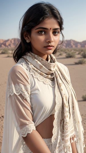 Indian Girl with an Ornate lace Scarf, ( wearing a white lace Indian saree ), her eyes telling a story of youthful wisdom. The desert's vastness echoes in her gaze, under a vast, open sky. Captured in Analog Film style, emulating a vintage portrait with a warm color palette and a 35mm lens to enhance the depth of her expression,Detailedface,Indian,Btflindngds,brown eyes