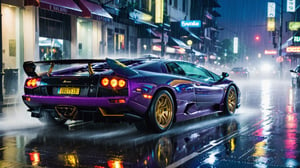 wallpaper featuring a Lamborghini Diablo supercar racing through the rain-soaked streets of a city at night, with neon lights reflecting off the wet pavement and raindrops streaking past the car's headlights, capturing the thrill of a nighttime downpour
