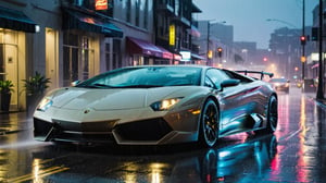 wallpaper featuring a Lamborghini Murcelago supercar racing through the rain-soaked streets of a city at night, with neon lights reflecting off the wet pavement and raindrops streaking past the car's headlights, capturing the thrill of a nighttime downpour