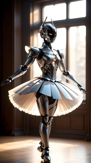 a meticulously detailed robot takes center stage. Crafted from glossy white plastic and silver, the intricate design reveals the fusion of mechanics and artistry. The robot, unexpectedly adorned with a tutu, strikes a delicate ballet pose, blurring the lines between technology and grace. The choice of materials creates a stark yet beautiful contrast against the empty room’s simplicity. Large windows allow warm light to cascade, casting a soft glow that accentuates the robot’s mechanical beauty in this unique blend of creativity and precision.