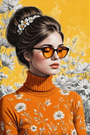 An exquisite vintage-inspired illustration featuring a young, urban woman with a unique hairstyle wearing fashionable orange turtleneck and glasses. She has her eyes closed, lost in thought, and is captured in a moment of stillness and tranquility. The meticulous pencil and acrylic work creates a stunning level of detail and texture. The background, flowered pattern yellow, complements the subject and enhances the serene atmosphere. This captivating illustration, reminiscent of a 1970s punk album cover, would be a perfect addition to a contemporary home or printable design., cinematic, illustration