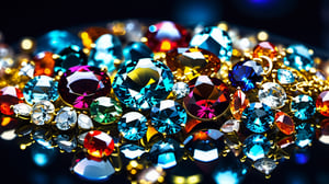 Wide angle view of priceless precious stones and jewelry, priceless treasure piled on a black glass surface inside a glass museum display , detailed texture, sharpfocus, deep bokeh, beautiful, dreamy colors, dark cosmic background. Visually delightful ,3D,more detail XL 