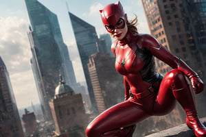 a detailed digital painting of a female sexy daredevil marvel super hero in a dynamic pose, red latex suit with high-tech details, a mix of dark and bright colors, rendered with maximum detail and post-processing, photorealistic quality, dark modern cityscape,4k Epic movie poster

