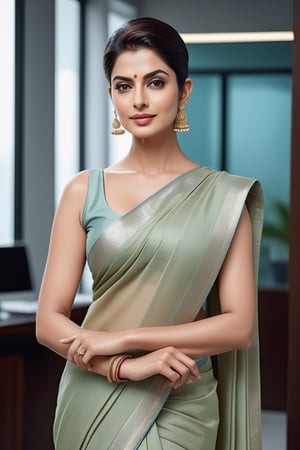 create a hyper realistic vertical photo of Indian most attractive woman in her 50s, Trendsetter wolf cut hair, trending on artstation, portrait, digital art, modern, sleek, highly detailed, formal, determined, wearing plain cotton saree, in luxurious office, 36D , fairy tone, fair skin, flirty gaze, anne hathway