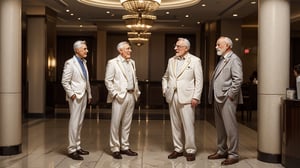High detailed, 2people, ((5 different old men)), ((standing side by side)), ((white suit)), (Oxfords), having an animated conversation, different color hair, different height, muscled, handsome, stubble, 8k HD wallpaper,intricate details, (hotel lobby), (full body), ((people focus)), close up, 