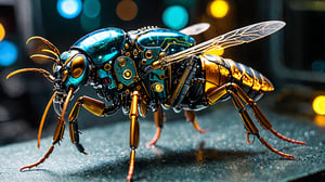 ((cyberpunk style mechanical cyborg wasp)), tentacles and glowing, circuit board ((full-body-shot)), using an incandescent light-bulb as its shell, microscope photo of a science folklore nano-photograph. ((tungsten_punk lobster-droid)) mechanical wolfram automaton, ((bismuth carapace))