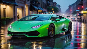 wallpaper featuring a Lamborghini Huracan supercar racing through the rain-soaked streets of a city at night, with neon lights reflecting off the wet pavement and raindrops streaking past the car's headlights, capturing the thrill of a nighttime downpour